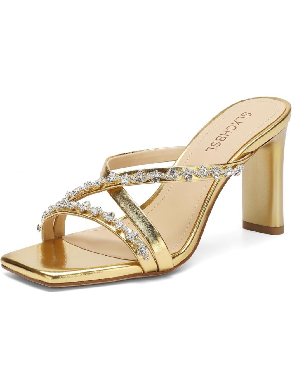 Women's Gold Slip On Chunky Heels Square Open Toe Heeled Sandals 3.2 Inch Heels